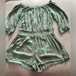 Aerie Green and Gray Palm-Pattern Off-Shoulder Romper